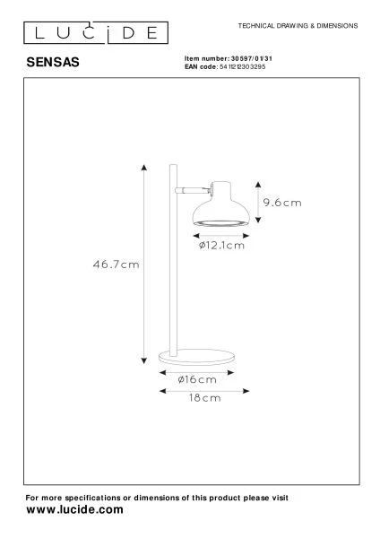 Lucide SENSAS - Lámpara de escritorio - Ø 18 cm - 1xGU10 (ES111) - Blanco - técnico